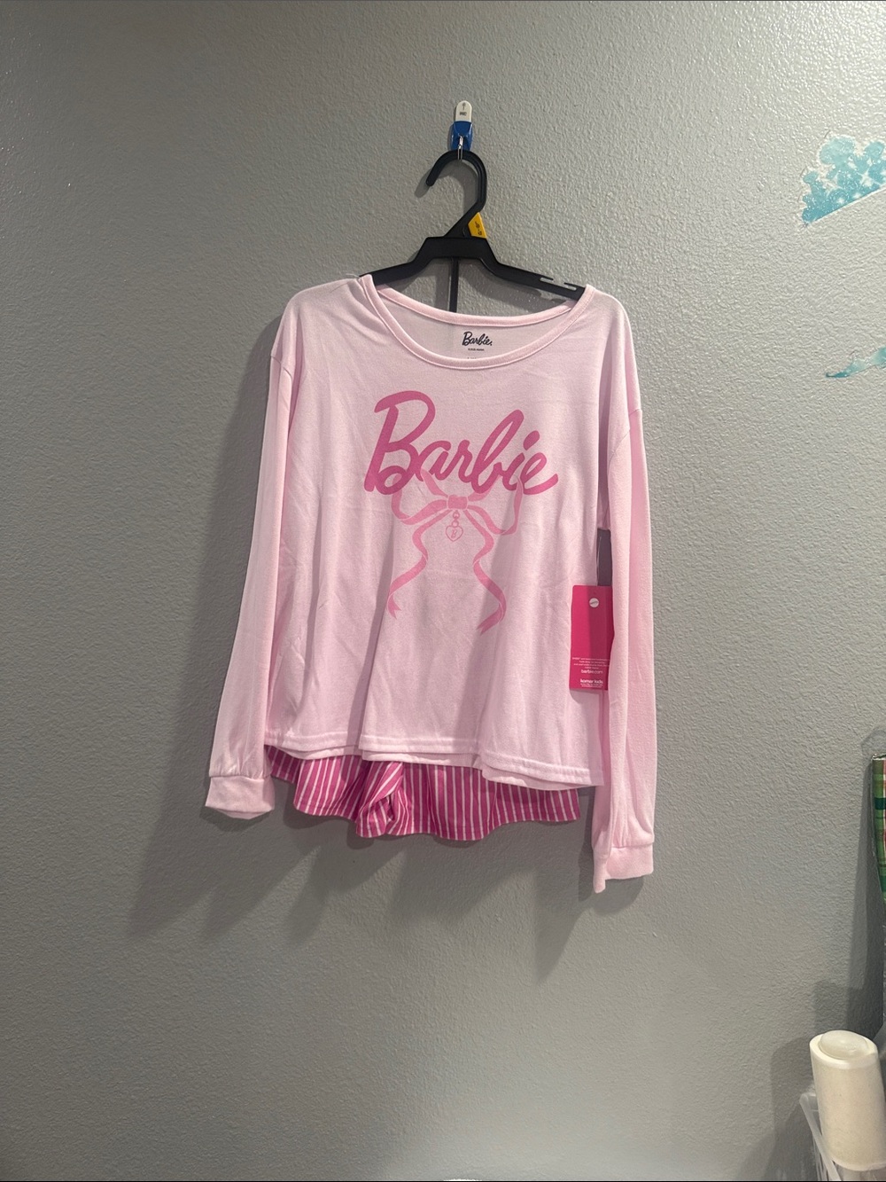 Barbie Light Pink Long-Sleeve Graphic Tee with Layered Hem
